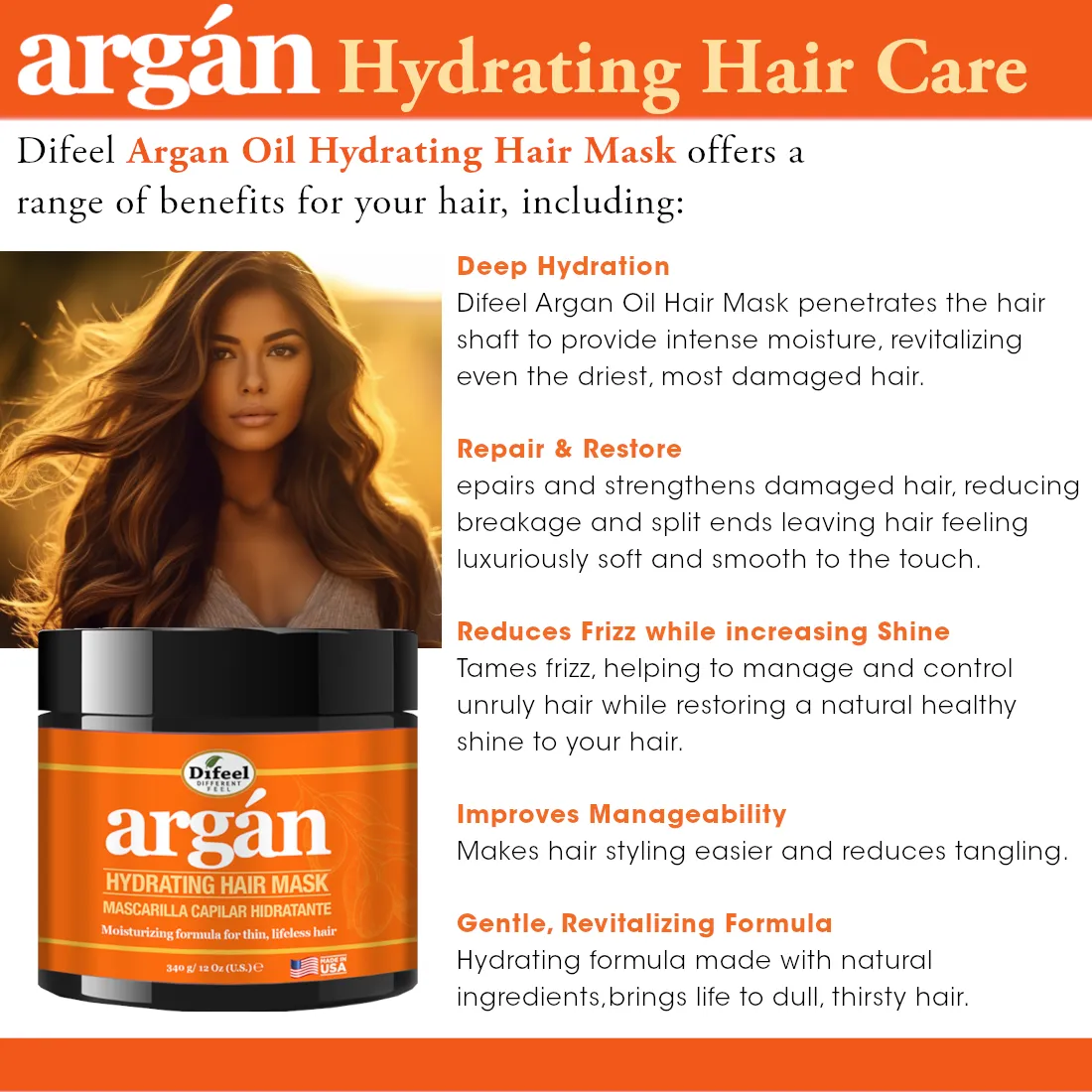 Difeel Argan Hydrating Hair Mask 12 oz.