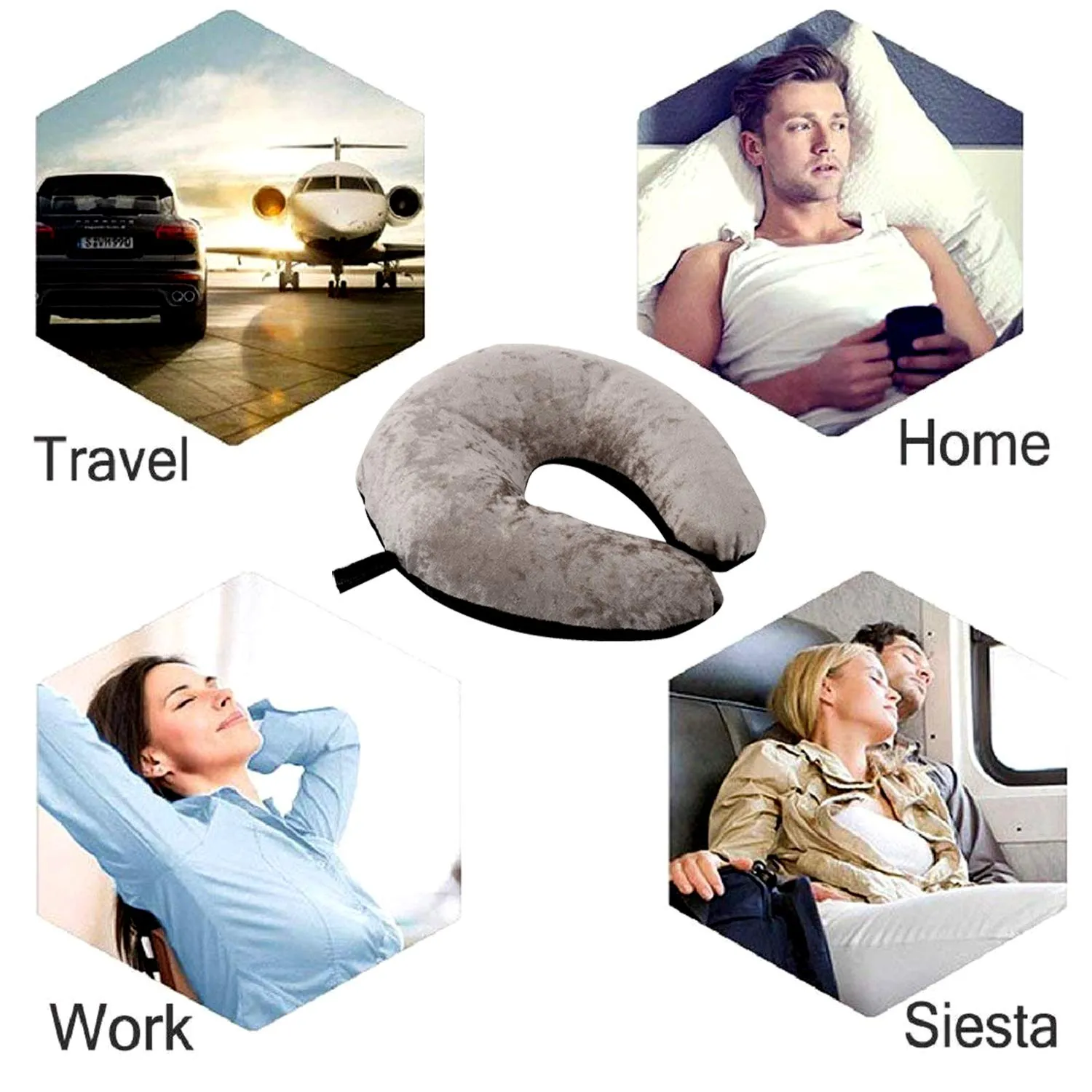 Heart Home 2 Pieces Unisex U-Shaped 100% Pure Memory Foam Soft Cushions Neck Rest Pillow for Travel, Car, Train, Flight, Bus (Black & Grey) HEART655