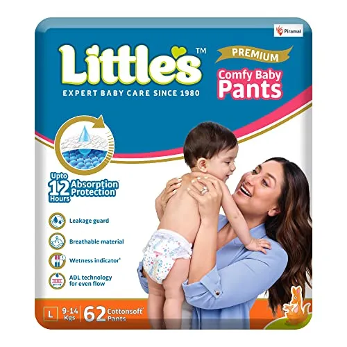 Little's Comfy Baby Pants - Premium, 12 Hours Absorption, Wetness Indicator, Cotton Soft, Large,White, 62 Count