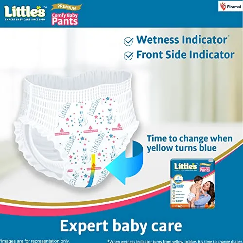 Little's Comfy Baby Pants - Premium, 12 Hours Absorption, Wetness Indicator, Cotton Soft, Large,White, 62 Count