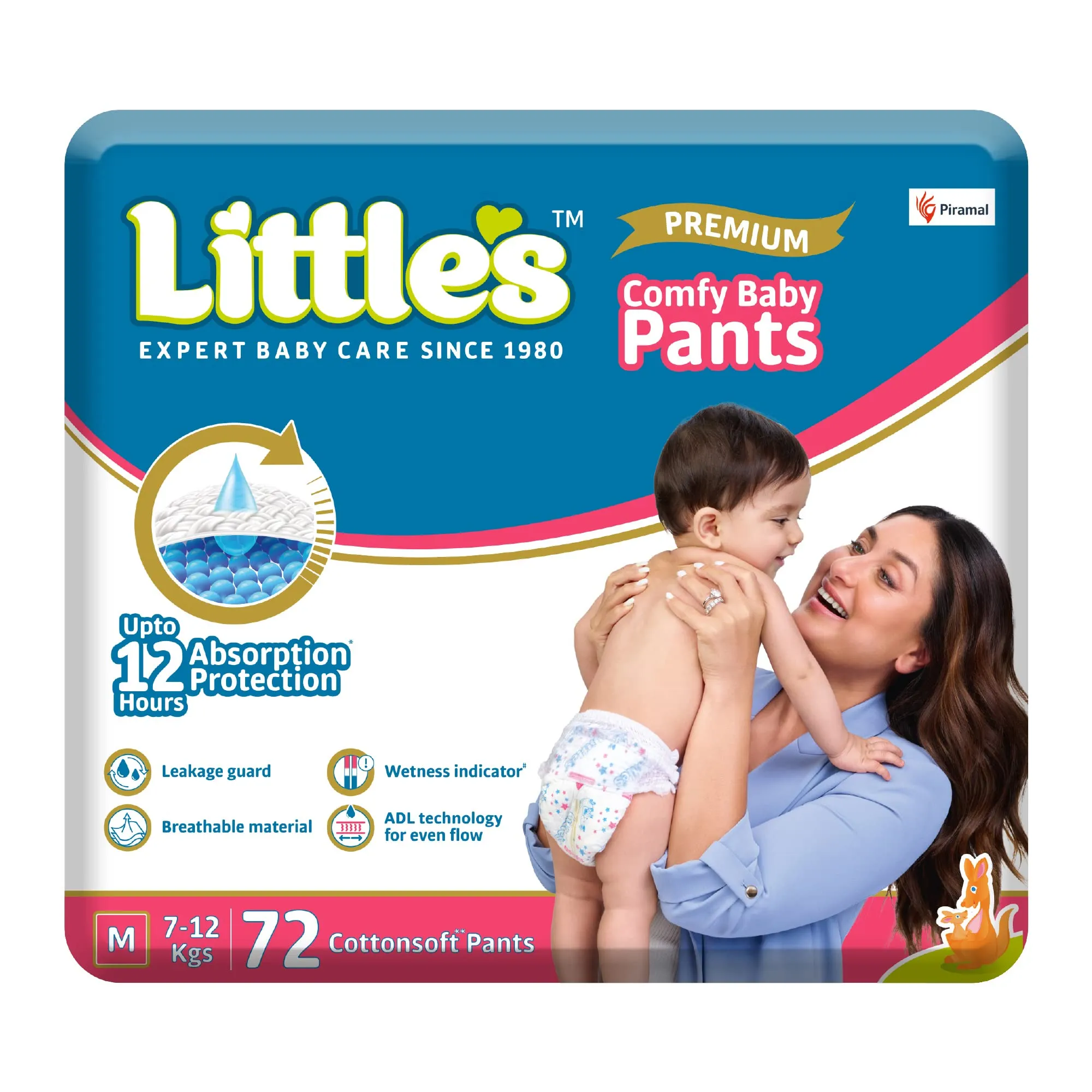 Little's Comfy Baby Pants - Premium, 12 Hours Absorption, Wetness Indicator, Cotton Soft, Medium, 72 Count