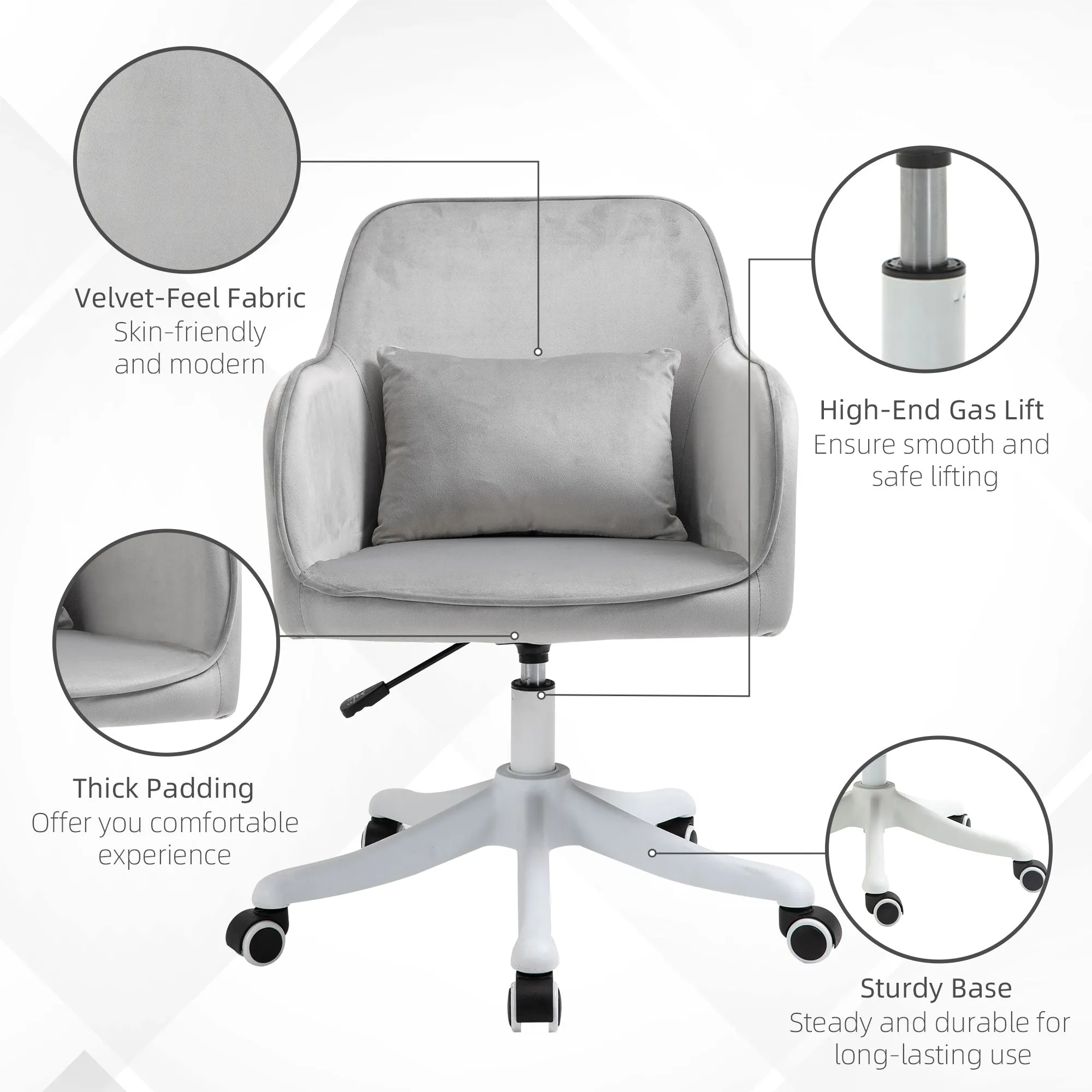 Velvet-Feel Office Chair with Rechargeable Electric Vibration Massage Lumbar Pillow, Wheels, Grey